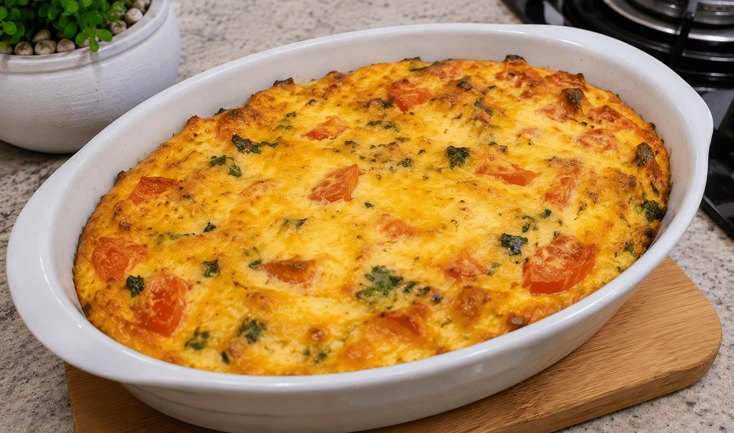Omelete de forno fofinho e dourado com vegetais servido em uma travessa de vidro quente
