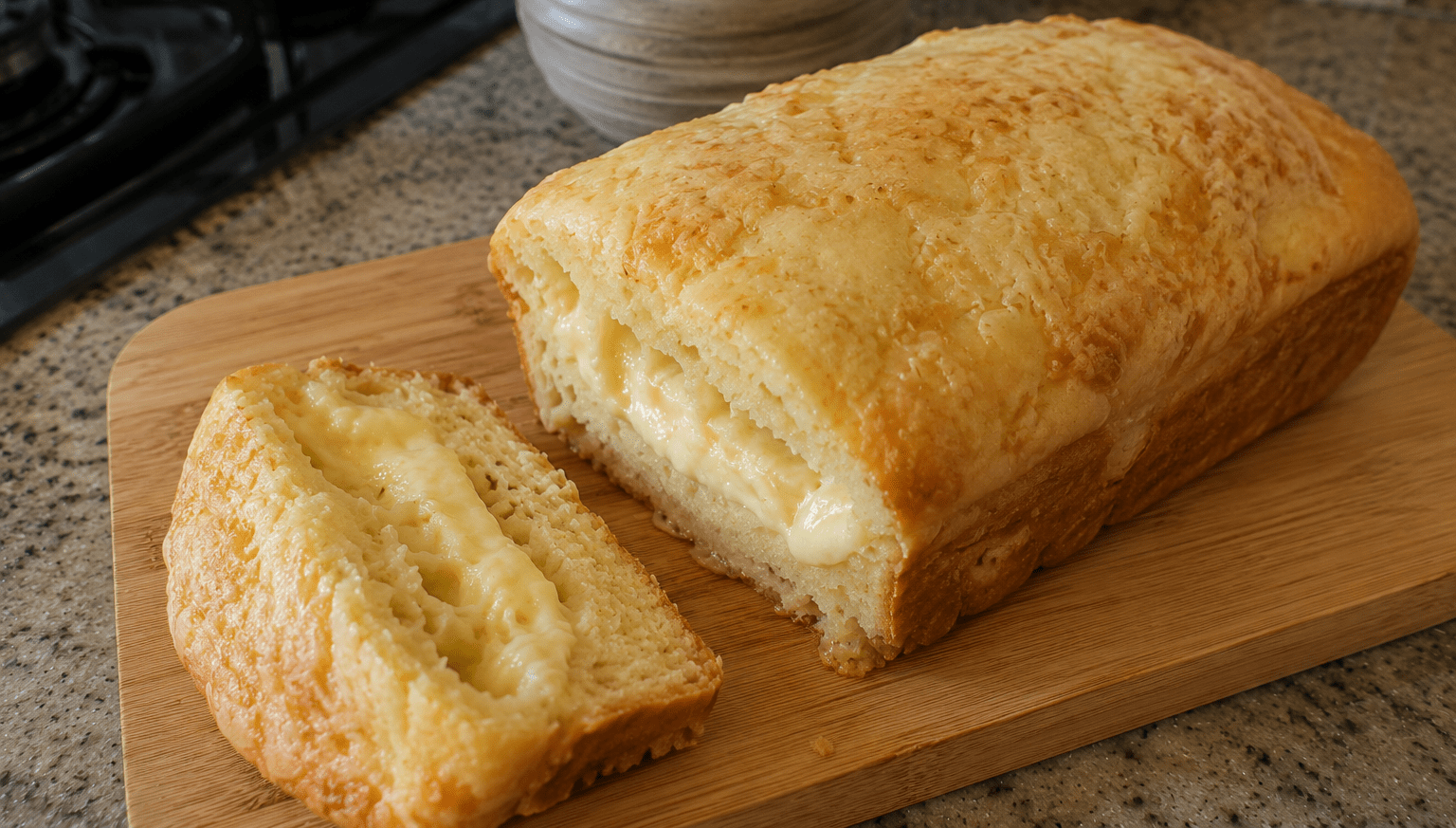 Pão de queijo de forma recheado dourado saindo do forno com queijo puxando na fatia