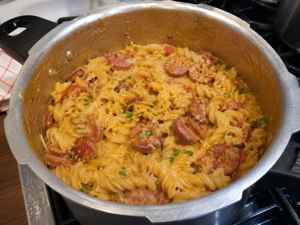 Macarrão de Panela de Pressão com Calabresa eQueijo Rápido