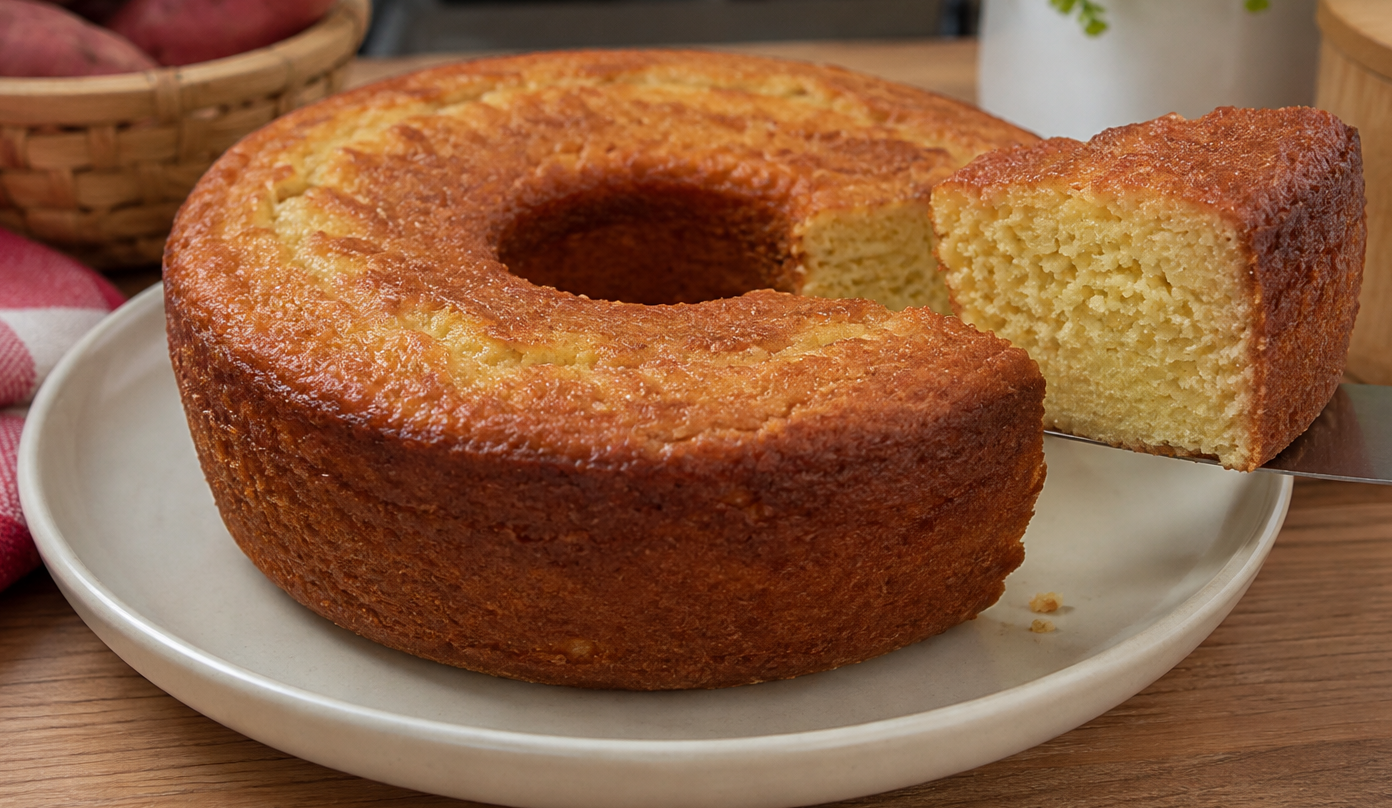 Bolo de batata-doce crua fofinho e sem glúten servido em uma mesa de café